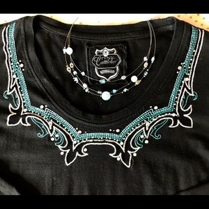 Black long sleeve top w/turquoise beaded accents